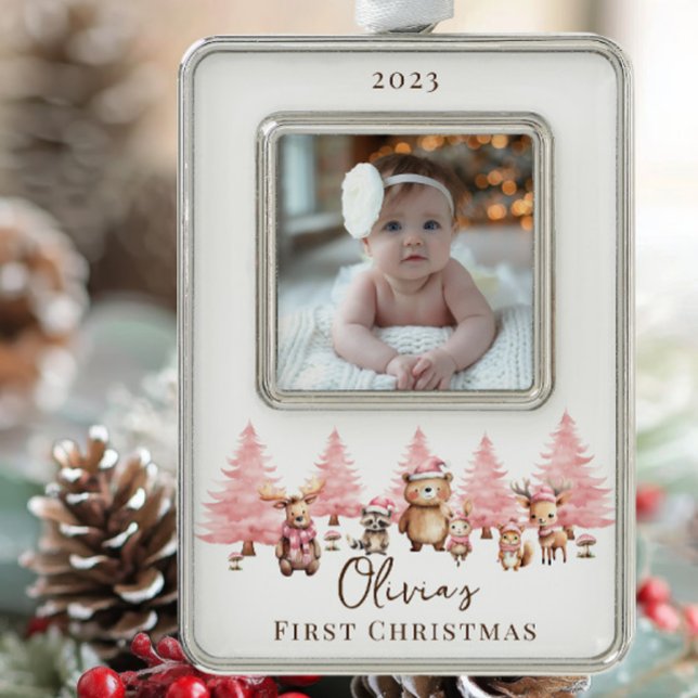 Woodland Baby's 1ST Christmas 2 Sided Photo Silver Plated Framed Ornament (Creator Uploaded)
