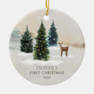 Woodland Baby's First Christmas Photo Ceramic Ornament