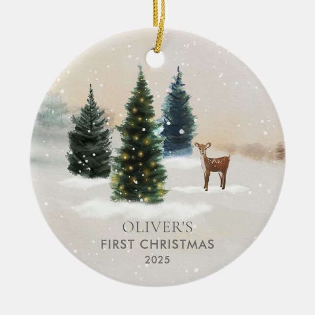 Woodland Baby's First Christmas Photo Ceramic Ornament (Front)