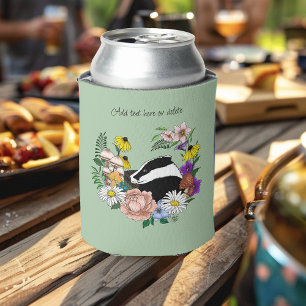 Woodland Badger Wildflowers Mushrooms Sage Green Can Cooler