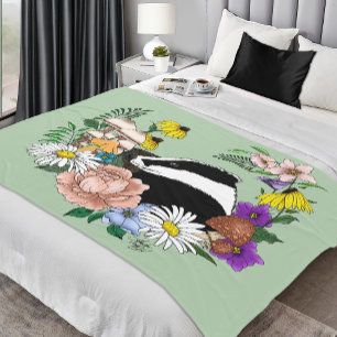 Woodland Badger Wildflowers Mushrooms Sage Green Fleece Blanket