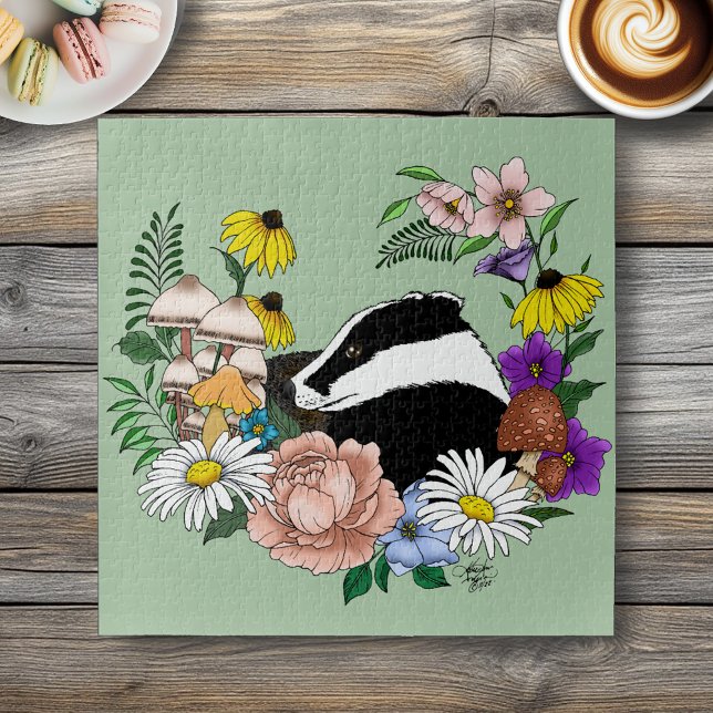 Woodland Badger Wildflowers Mushrooms Sage Green Jigsaw Puzzle (Creator Uploaded)