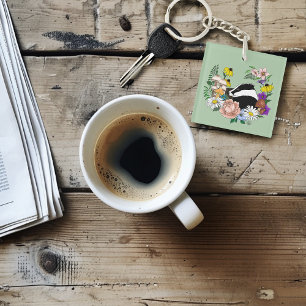 Woodland Badger Wildflowers Mushrooms Sage Green Key Ring