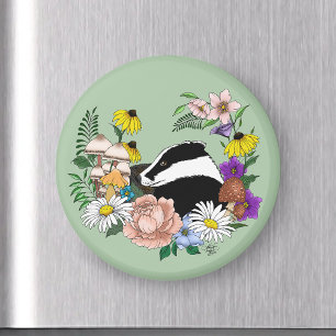 Woodland Badger Wildflowers Mushrooms Sage Green Magnet