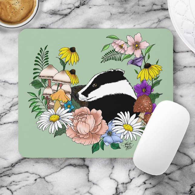 Woodland Badger Wildflowers Mushrooms Sage Green Mouse Pad (Creator Uploaded)