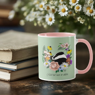 Woodland Badger Wildflowers Mushrooms Sage Green Mug