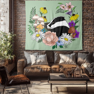 Woodland Badger Wildflowers Mushrooms Sage Green Tapestry