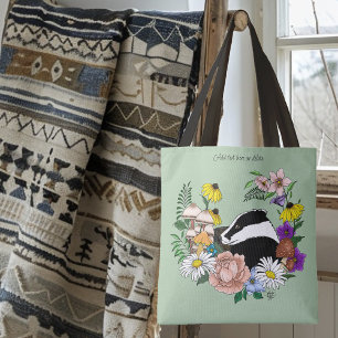 Woodland Badger Wildflowers Mushrooms Sage Green Tote Bag