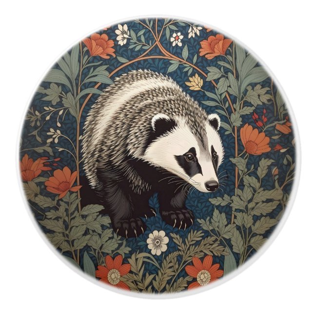 Woodland Badger William Morris Inspired Ceramic Knob (Front)
