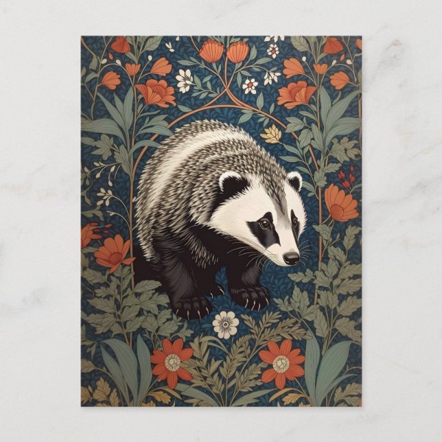 Woodland Badger William Morris Inspired Postcard (Front)