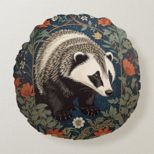 Woodland Badger William Morris Inspired Round Cushion