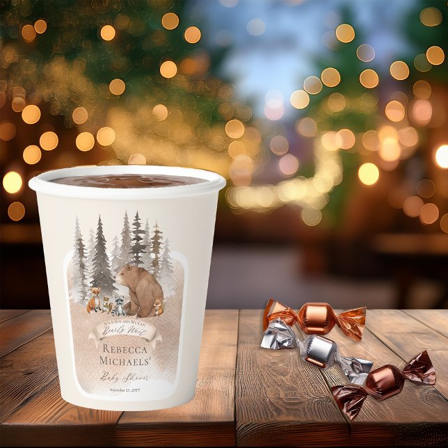 Woodland Bear |Animals Bearly Wait Boy Baby Shower Paper Cups (Rustic Woodland Bear and Forest Animals Boy "Bearly Wait" Baby Shower Paper Cups)