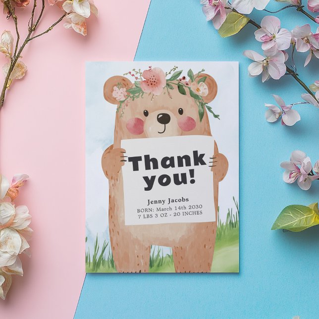 Woodland Bear Baby girl Shower Gratitude thank you Invitation (Cute baby girl bear holding a "Thank you" sign illustration on a grassy hill with baby details)