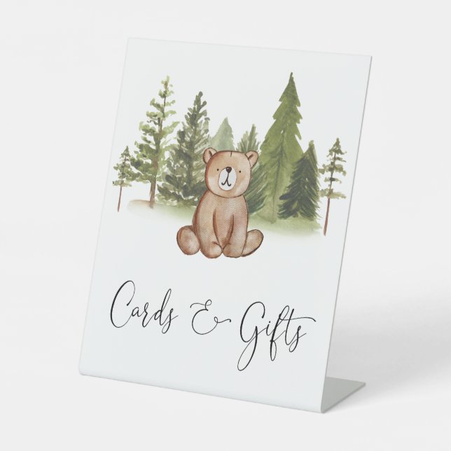 Woodland Bear Baby Shower Cards and Gifts Pedestal Sign (Front)