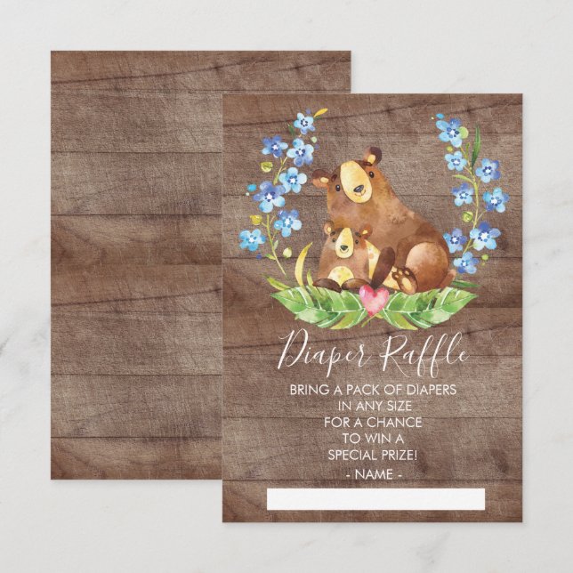 Woodland Bear Baby Shower Diaper Raffle Ticket Invitation (Front/Back)