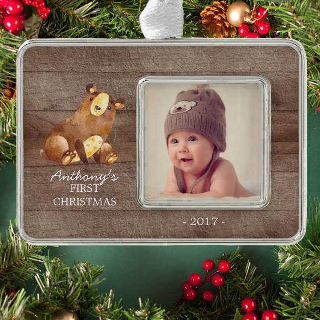 Woodland Bear Baby's 1st Christmas Photo Ornament (Creator Uploaded)