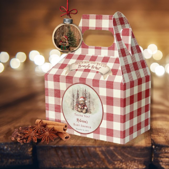 Woodland Bear Bearly Wait Holiday Boy Baby Shower Favour Box ("It's A Boy and We Can Bearly Wait" Baby Shower rustic woodland Christmas Holiday design)