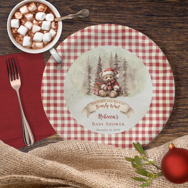 Woodland Bear Bearly Wait Holiday Boy Baby Shower  Paper Plate ("It's A Boy and We Can Bearly Wait" Baby Shower rustic woodland Christmas Holiday design)
