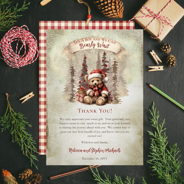 Woodland Bear Bearly Wait Holiday Boy Baby Shower Thank You Card ("It's A Boy and We Can Bearly Wait" Baby Shower rustic woodland Christmas Thank You card)