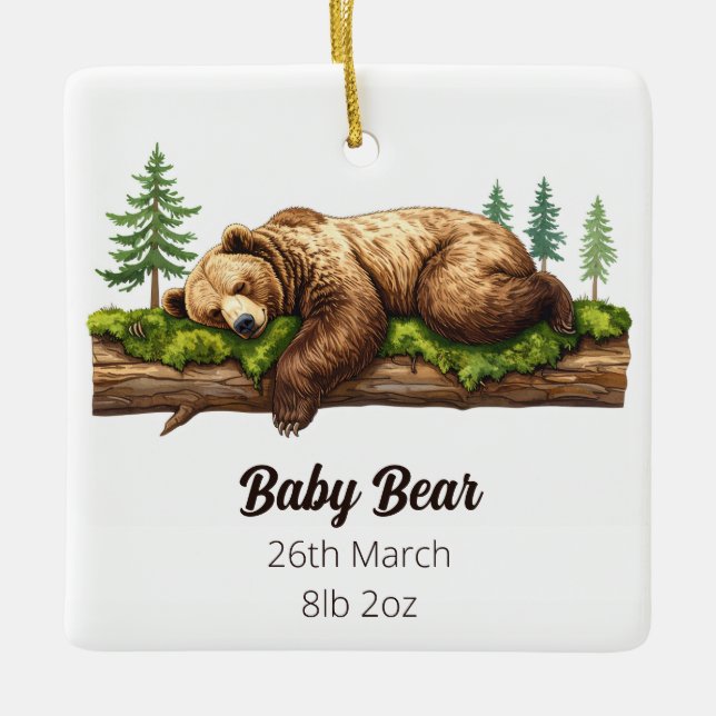 Woodland Bear Birth Stats Baby's First Christmas Ceramic Ornament (Front)