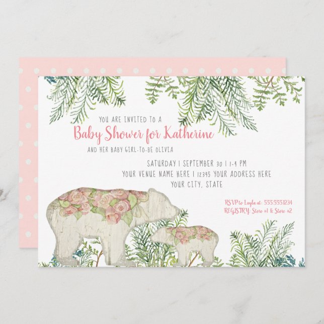 Woodland Bear Boho Floral Baby Girl Shower Invitation (Front/Back)