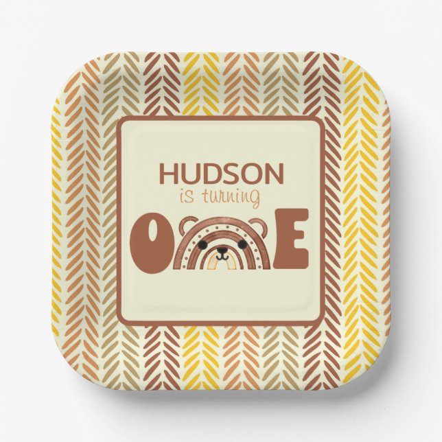 Woodland Bear Boho Rainbow First Birthday Paper Plate (Front)