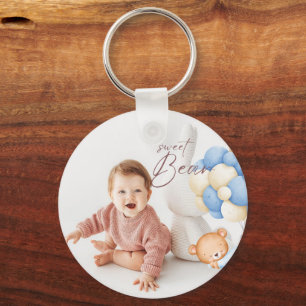 Woodland Bear Boy 1st Birthday Party Pastel Photo Key Ring