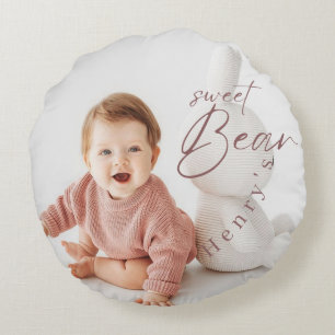 Woodland Bear Boy 1st Birthday Party Pastel Photo  Round Cushion