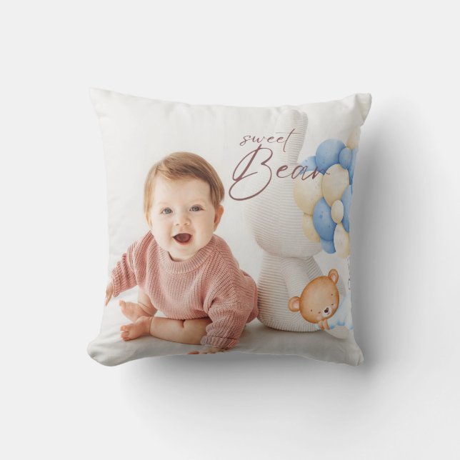 Woodland Bear Boy 1st Birthday Party Photo Cushion (Front)