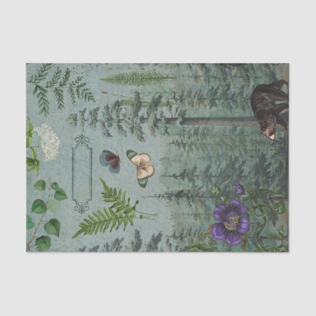 Woodland Bear Butterfly Botanical Decoupage Tissue Paper (Front)