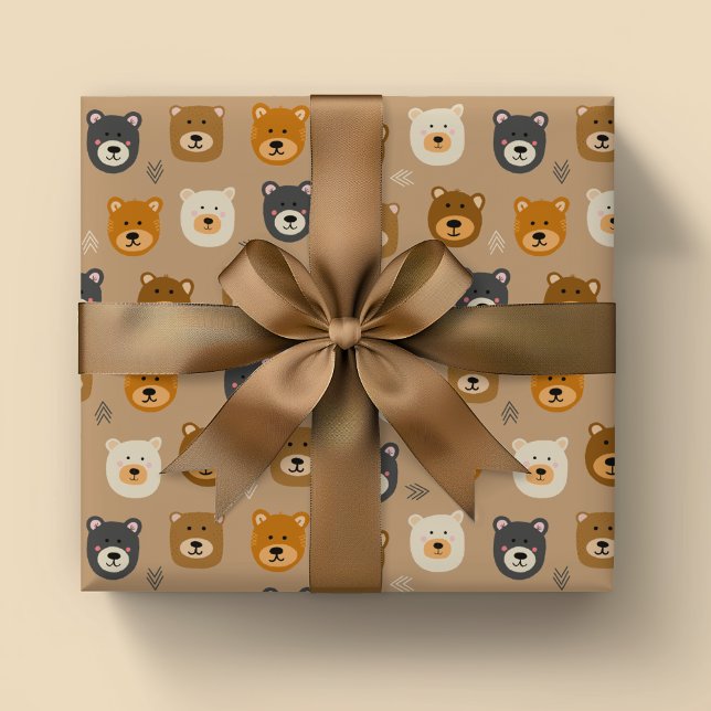 Woodland Bear cute kids Wrapping Paper Sheet (Cute bear head animal wrapping paper. Perfect for kid birthday party, baby shower and animal lovers)