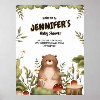 Woodland bear greenery Welcome Baby Shower Poster