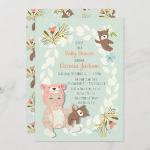 Woodland Bear hat baby girl shower invitations