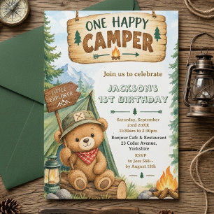 Woodland Bear One Happy Camper 1st Birthday Invitation