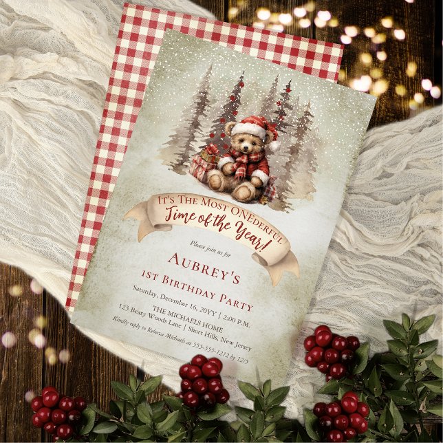 Woodland Bear ONEderful Holiday 1st Birthday Party Invitation (Woodland Bear "Most ONEderful Time of the Year!" 1st Birthday Party Invitation)