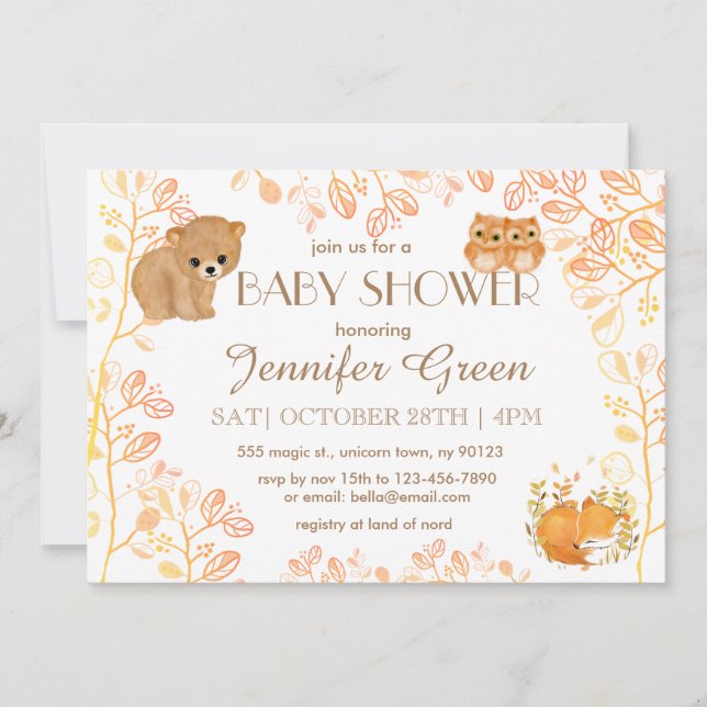 Woodland Bear Owls Fox Baby Shower Invitations (Front)