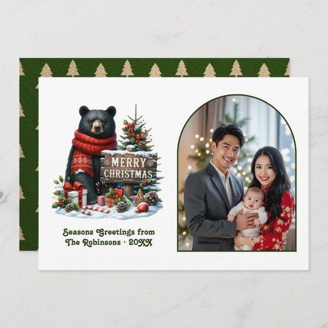Woodland Bear Rustic Forest Christmas Magic Photo Holiday Card (Front/Back)