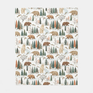 Woodland Bear & Trout Pattern Forest Wildlife Pi Fleece Blanket