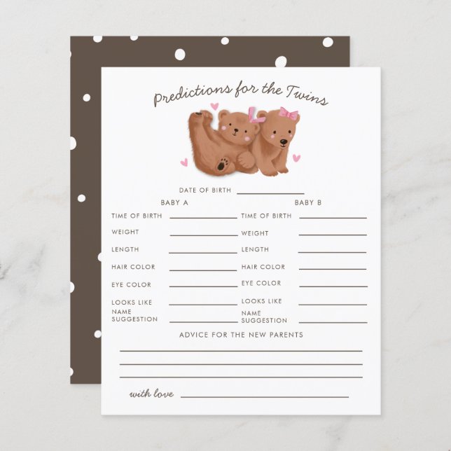 Woodland Bear Twin Girls Predictions & Advice Card (Front/Back)