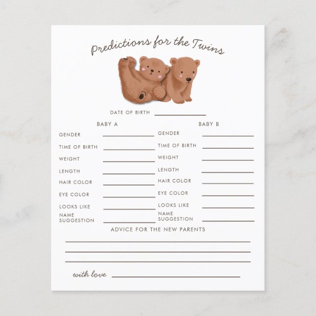 Woodland Bear Twins Predictions & Advice Card (Front)