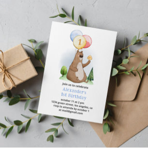 Woodland Bear with Balloons Birthday Party Invitation