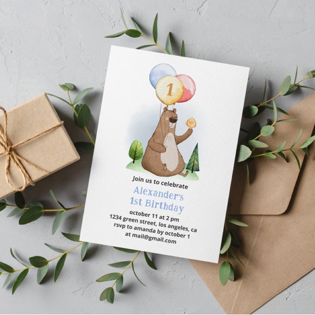 Woodland Bear with Balloons Birthday Party Invitation (Creator Uploaded)