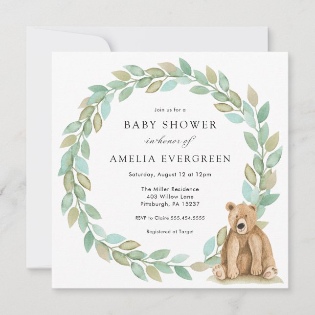 Woodland Bear with Foliage Wreath Baby Shower Invitation (Front)