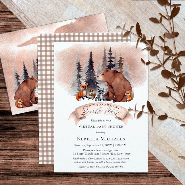 Woodland Bearly Wait Virtual Boy Baby Shower Invitation (Creator Uploaded)