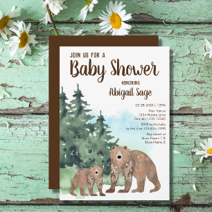 Woodland Bears Neutral Watercolor Baby Shower Invitation