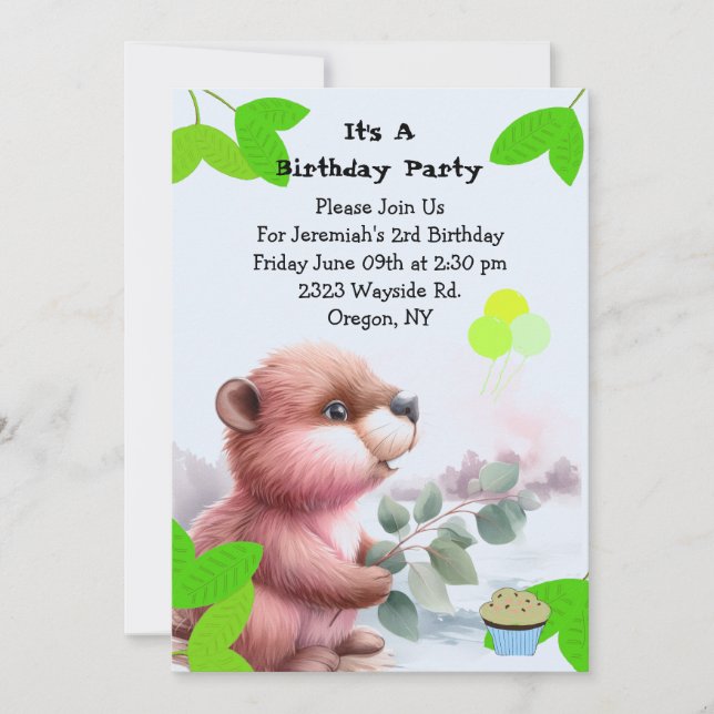 Woodland Beaver Birthday Invitation (Front)