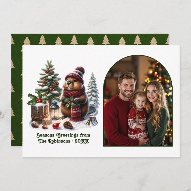 Woodland Beaver Cosy Forest Christmas Magic Photo Holiday Card (Front/Back)