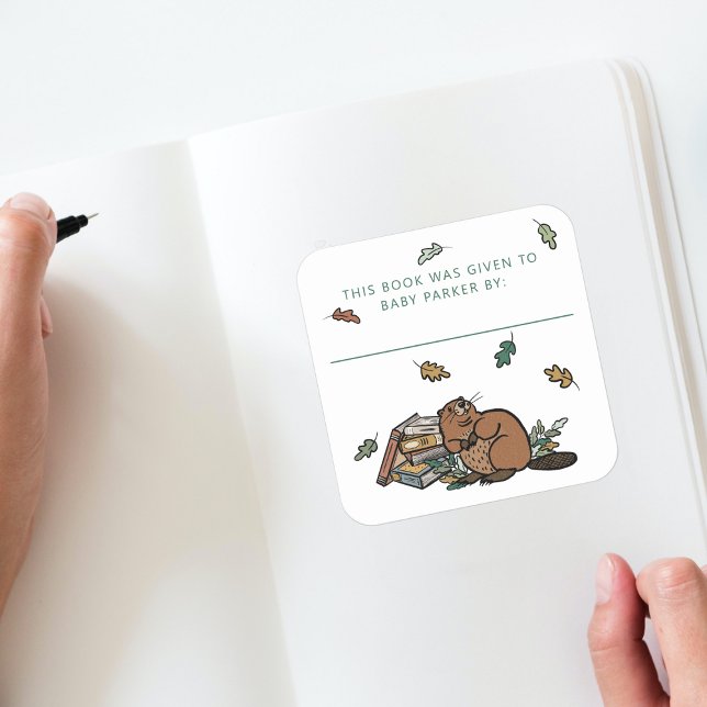 Woodland Beaver Storybook Baby Bookplates Square Sticker (Woodland Storybook Baby Shower Bookplate )