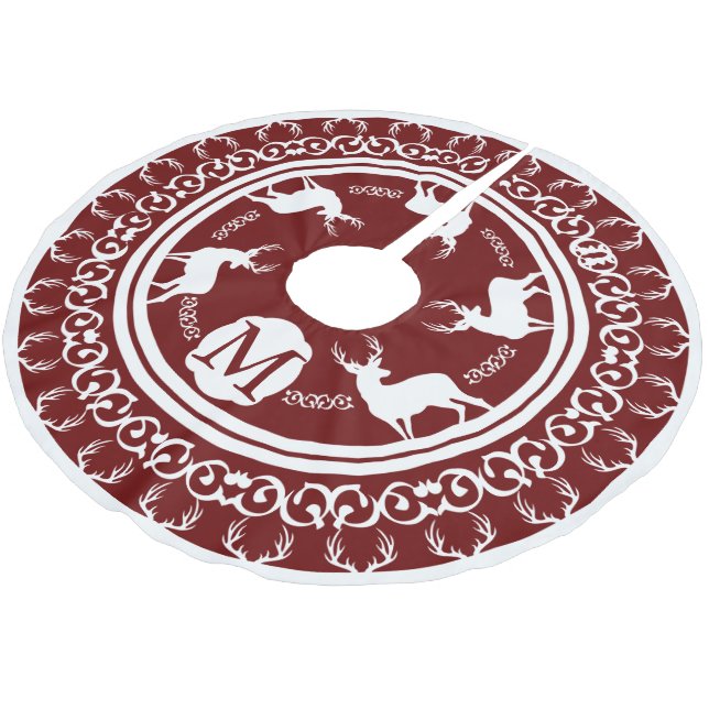 Woodland Berry and White Deer Antlers & Deer Brushed Polyester Tree Skirt (Angled)