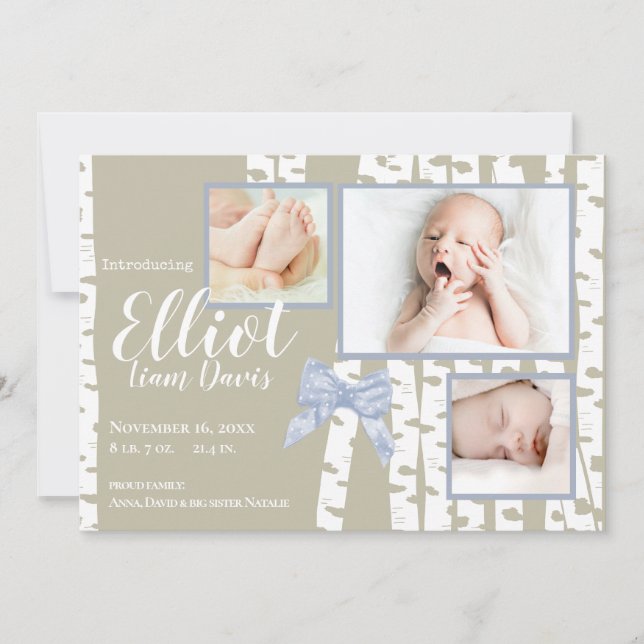 Woodland Birch and Bow Baby Birth with Photos Announcement (Front)